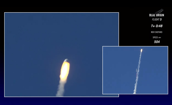 This dual screen view from a Blue Origin webcast shows the company's New Shepard crew capsule rocketing away from its booster (which is visible in the inset at lower right) during an in-flight abort test over West Texas on Oct. 5, 2016.